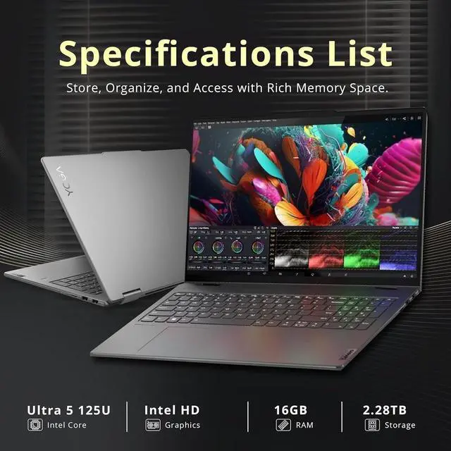 Alt view image 3 of 7 - Lenovo Yoga 7i 2-in-1 16" 2K Touchscreen Laptop, Intel Ultra 5 125U, 16GB LPDDR5X, 1.28TB Storage(1TB SSD +288GB Docking Station Set), Backlit Keyboard, Fingerprint Reader, WiFi 6E, Win 11 Pro, Grey
