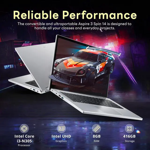 Alt view image 3 of 7 - acer Aspire 3 Spin 14" 2-in-1 Laptop, WUXGA(1920 x 1200) IPS Touchscreen, Intel i3-N305, 8GB LPDDR5x, 416GB Storage(256GB SSD+160GB Docking Station Set), Wi-Fi 6, Webcam, Win 11 S, Silver