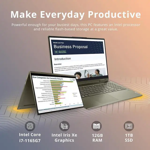 Alt view image 2 of 7 - Lenovo Yoga 7i 2-in-1 360° 15.6" Touch Screen Laptop, Intel Evo Platform Core i7 1165G7, 12GB RAM, 1TB PCIe SSD, Intel Iris Xe Graphics, Backlit Keyboard, Win 11, Dark Moss, 32GB USB Card