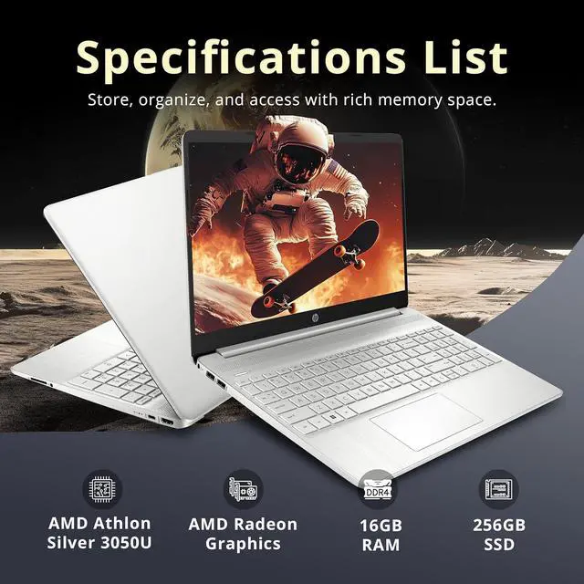 Alt view image 2 of 7 - HP 15.6 FHD Laptop Computer, AMD Athlon Silver 3050U, 16GB DDR4 RAM, 256GB SSD, AMD Radeon Graphics, HD Webcam, HDMI, Office 365, Windows 10 S, Silver, 32GB Hotface USB Card