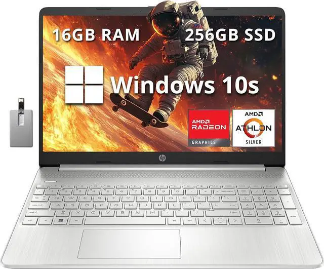 Main image of HP 15.6 FHD Laptop Computer, AMD Athlon Silver 3050U, 16GB DDR4 RAM, 256GB SSD, AMD Radeon Graphics, HD Webcam, HDMI, Office 365, Windows 10 S, Silver, 32GB Hotface USB Card