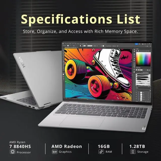 Alt view image 3 of 7 - Lenovo Yoga 7 2-in-1 16" 2K Touchscreen Laptop, AMD Ryzen 7 8840HS, 16GB LPDDR5X, 1.28TB Storage (1TB SSD+288GB Docking Station Set), Backlit Keyboard, Fingerprint Reader, WiFi 6E, Win 11, Artic Grey