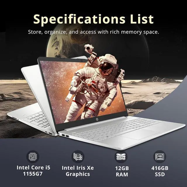 Alt view image 3 of 7 - HP 15.6" HD Touchscreen Laptop, Intel i5-1155G7, 12GB RAM, 416GB Storage(256GB SSD + 160GB Docking Station Set), Intel Iris Xe Graphics, HD Webcam, Numeric Keypad, Wi-Fi, Bluetooth, Windows 11, Silver