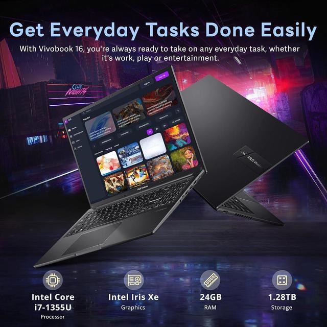 Alt view image 3 of 7 - ASUS Vivobook 16" WUXGA Laptop, Intel i7-1355U, 24GB RAM, 1.28TB Storage(1TB SSD+288GB Docking Station Set), Intel Iris Xe Graphics, Numeric Keypad, 720p HD Webcam, Win 11 Home, Black