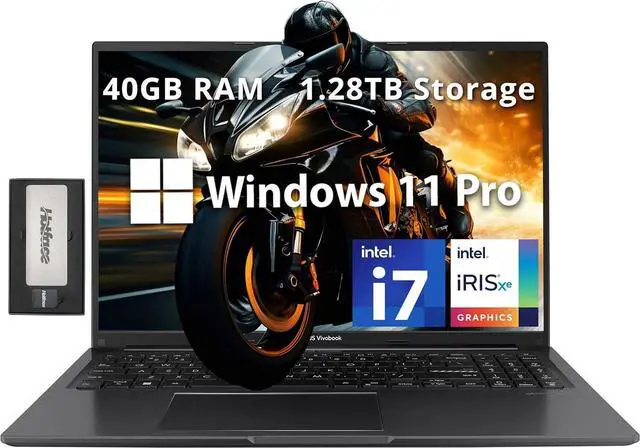 Main image of ASUS Vivobook 16" WUXGA Laptop, Intel i7-1355U, 40GB RAM, 1.28TB Storage(1TB SSD+288GB Docking Station Set), Intel Iris Xe Graphics, 720p HD Camera, WiFi 5, Number Pad, Windows 11 Pro, Black