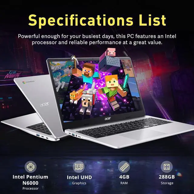 Alt view image 3 of 7 - Acer Chromebook 315 15.6" HD Laptop, Intel Pentium N6000, 4GB LPDDR4X, 288GB Storage (128GB eMMC & 160GB Docking Station Set), Intel UHD Graphics, Numeric Keypad, HD Webcam, Wi-Fi 6, Chrome OS, Silver