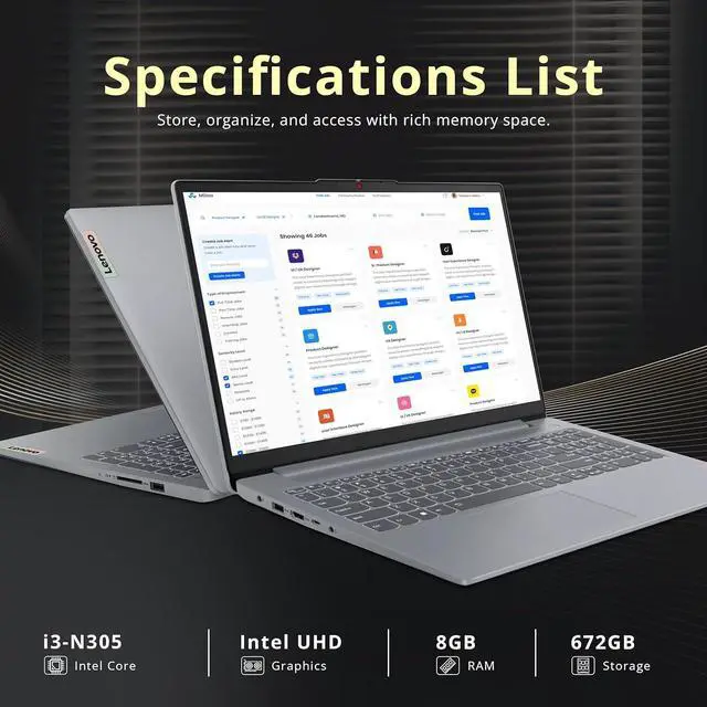 Alt view image 3 of 7 - Lenovo IdeaPad Slim 3 15.6" FHD Anti-Glare Laptop, Intel i3-N305, 8GB LPDDR5, 672GB Storage(512GB SSD+80GB Docking Station Set), Num Pad, HD Camera, Dolby Audio, WiFi 6, Win 11, Grey