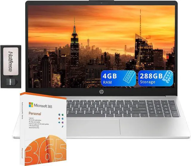 Main image of HP 15.6" HD Laptop, Intel Pentium N200, 4GB DDR4 RAM, 288GB Storage (128GB SSD+160GB Docking Station Set), Intel UHD Graphics, Full Size Keyboard, 720p Camera, 1 Year Office 365, Win 11, Silver
