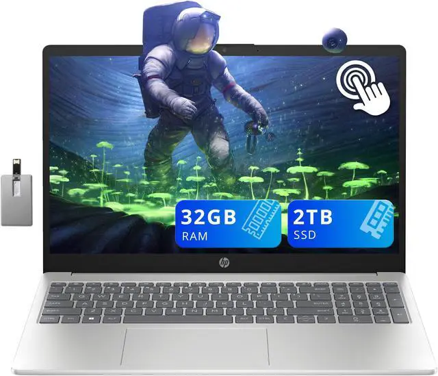 Main image of HP 15.6" Touchscreen Laptop, Intel Core i3-1215U Processor, 32GB RAM, 2TB PCIe SSD, Intel UHD Graphics, HD Webcam, Windows 11, Natural Silver, 32GB Hotface USB Card