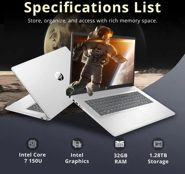 Alt view image 3 of 7 - HP 17.3" FHD IPS Anti-Glare Laptop, Intel 7-150U, 32GB RAM, 1.28TB Storage (1TB SSD+288GB Docking Station Set), Intel Graphics, 1080p FHD Camera, Fast Charge, Win 11, Silver
