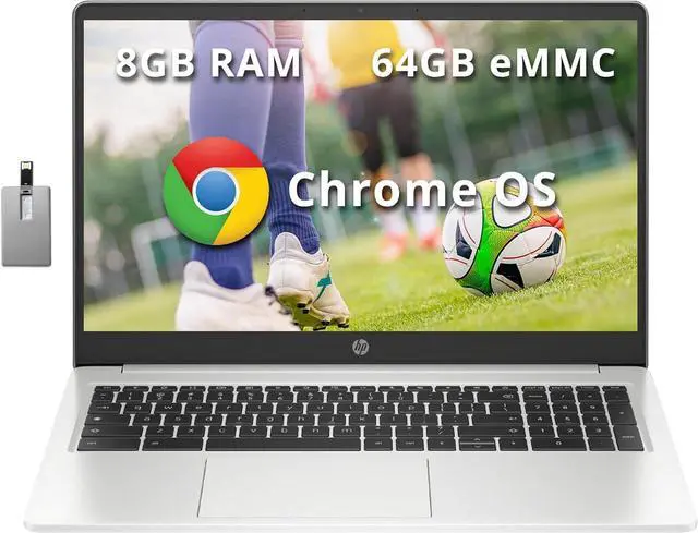 Main image of HP 15.6" HD chromebook Laptop, Intel Pentium N6000 Processor, 8GB LPDDR4 RAM, 64GB eMMC Storage, Intel HD Graphics, 720P HD Webcam, Mineral Silver, Chrome OS, 128GB Hotface USB Card