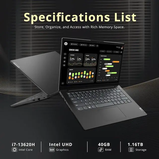 Alt view image 3 of 7 - Lenovo V14 14" FHD Business Laptop, Intel i7-13620H, 40GB DDR4 RAM, 1.16TB Storage(1TB SSD+160GB Docking Station Set), Intel UHD Graphics, Wi-Fi 6, Webcam, Windows 11 Pro, Black