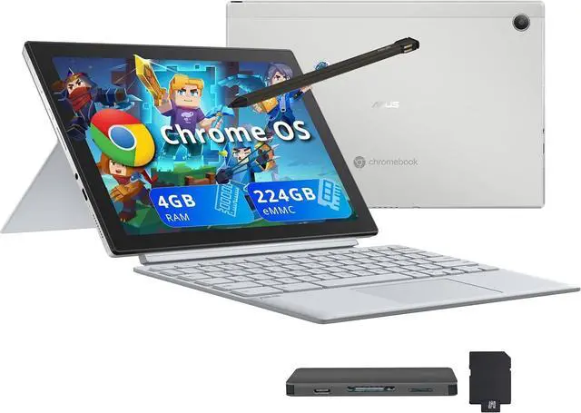 Main image of ASUS Chromebook Detachable CM3001 10.5" 2-in-1 WUXGA Touchscreen Laptop, MediaTek Kompanio 520, 4GB RAM, 224GB Storage(64GB eMMC+160GB Docking Station Set), Wi-Fi 6, Chrome OS, Silver