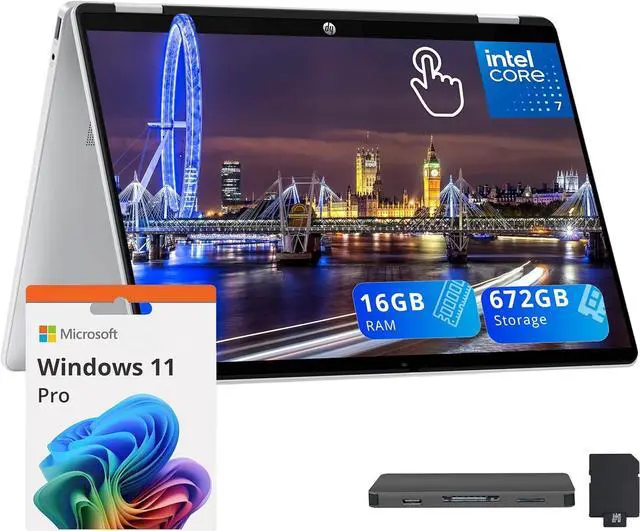 Main image of HP OmniBook 5 Flip 2-in-1 14" 2K Touchscreen Laptop, Intel 7 150U, 16GB LPDDR5, 672GB Storage(512GB SSD+160GB Docking Station Set), Intel Graphics, Backlit Keyboard, Wi-Fi 6E, Windows 11 Pro, Silver