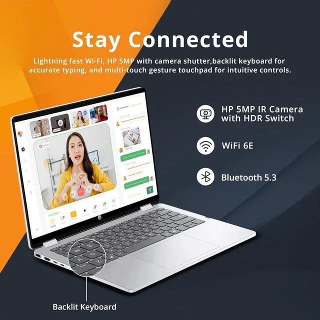 Alt view image 3 of 7 - HP OmniBook 5 Flip 2-in-1 14" 2K Touchscreen Laptop, Intel 7 150U, 16GB LPDDR5, 672GB Storage(512GB SSD+160GB Docking Station Set), Intel Graphics, Backlit Keyboard, Wi-Fi 6E, Windows 11 Pro, Silver