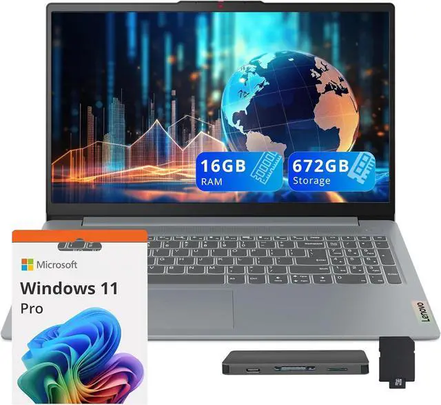 Main image of Lenovo IdeaPad Slim 3 15.6" FHD Display Laptop, 16GB RAM, 672GB Storage (512GB SSD + 160GB Docking Station Set), AMD Ryzen 5 5625U, AMD Radeon Graphics, Win 11 Pro, Gray
