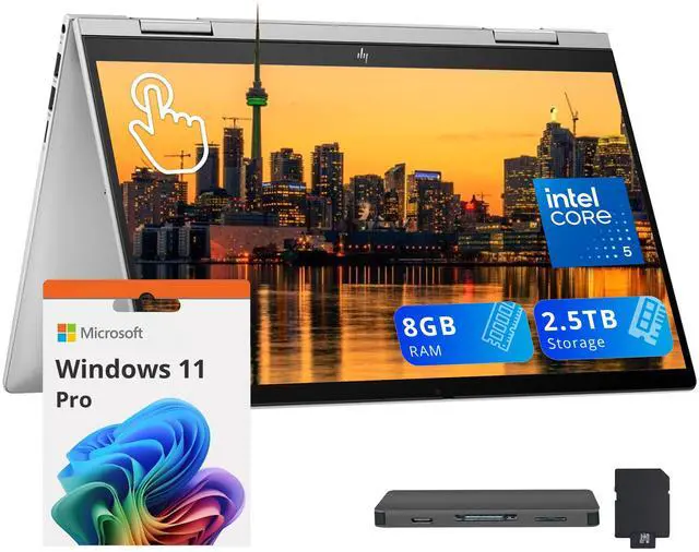 Main image of HP Envy x360 2-in-1 14" FHD IPS Touch Laptop, Intel 5 120U, 8GB RAM, 2.5TB Storage (2TB SSD+512GB Docking Station Set), Backlit Keyboard, Fingerprint, Copilot, 5MP IR Camera,Win 11 Pro, Silver