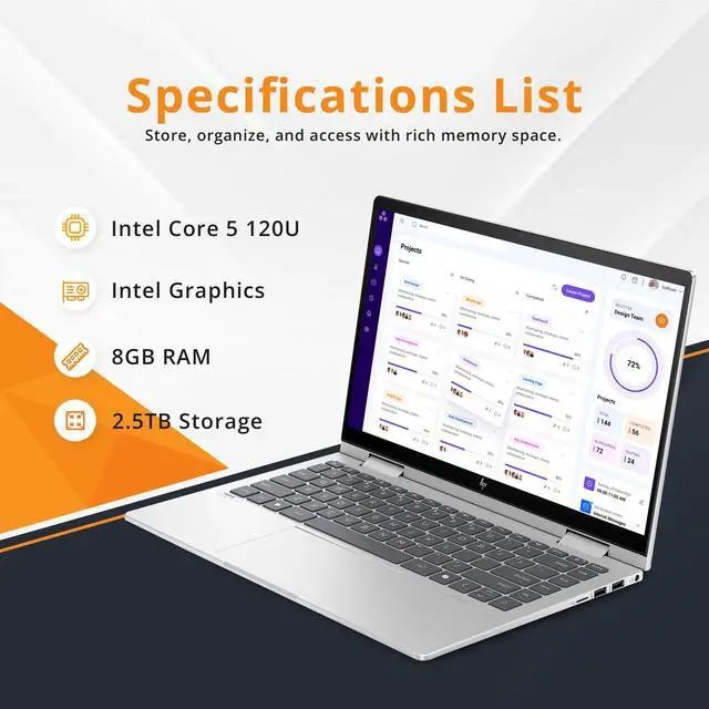 Alt view image 3 of 7 - HP Envy x360 2-in-1 14" FHD IPS Touch Laptop, Intel 5 120U, 8GB RAM, 2.5TB Storage (2TB SSD+512GB Docking Station Set), Backlit Keyboard, Fingerprint, Copilot, 5MP IR Camera,Win 11 Pro, Silver
