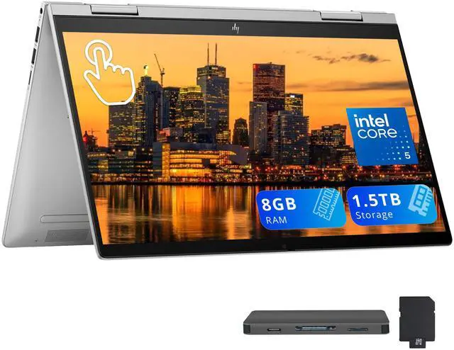 Main image of HP Envy x360 2-in-1 14" FHD IPS Touch Laptop, Intel 5 120U, 8GB RAM, 1.5TB Storage (1TB SSD+512GB Docking Station Set), Backlit Keyboard, Fingerprint, Copilot, 5MP IR Camera, Win 11, Silver