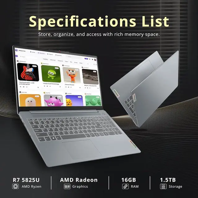 Alt view image 3 of 7 - Lenovo IdeaPad Slim 3 15.6" FHD Touchscreen Laptop, AMD Ryzen 7 5825U, 16GB RAM, 1.5TB Storage(512GB SSD+1TB Docking Station Set), AMD Radeon Graphics, Num Keypad, Copilot, Wi-Fi 6, Win 11 Pro, Gray