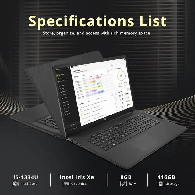 Alt view image 3 of 7 - HP 17.3" FHD IPS Business Laptop, Intel i5-1334U, 8GB RAM, 416GB Storage (256GB SSD+160GB Docking Station Set), Intel Graphics, Full-Size Keyboard, Fingerprint Reader, Wi-Fi 6, Windows 11, Black