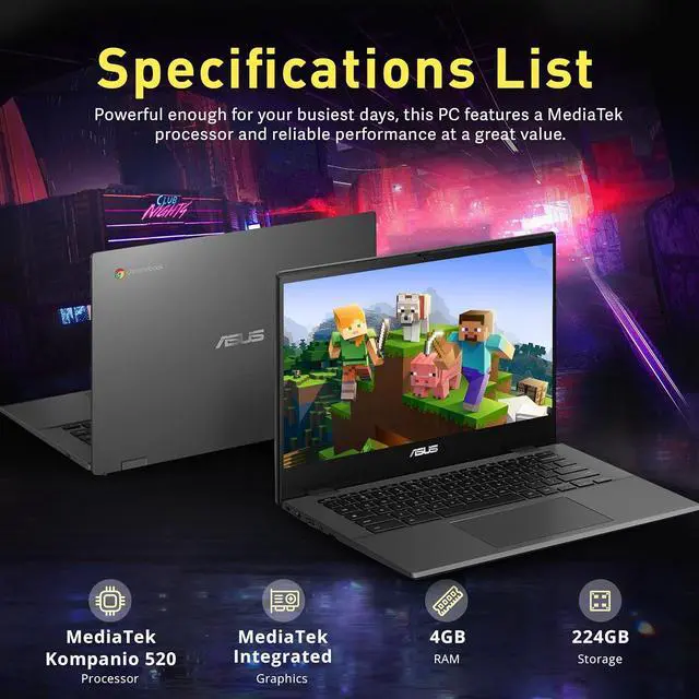 Alt view image 3 of 7 - ASUS Chromebook CM1402 14" FHD Anti-Glare Laptop, MediaTek Kompanio 520, 4GB LPDDR4X, 224GB Storage(64GB eMMC+160GB Docking Station Set), HD Webcam, WiFi 6, Bluetooth, Chrome OS, Gray
