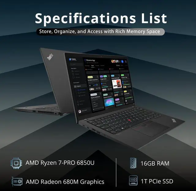 Alt view image 2 of 7 - Lenovo ThinkPad T14s G3 14" WUXGA Touchscreen Business Laptop, AMD Ryzen 7 Pro 6850U, 16GB LPDDR5 RAM, 1TB SSD, AMD Radeon 680M, French Backlit KB, Fingerprint Reader, Win 11 Pro, 32GB USB Card
