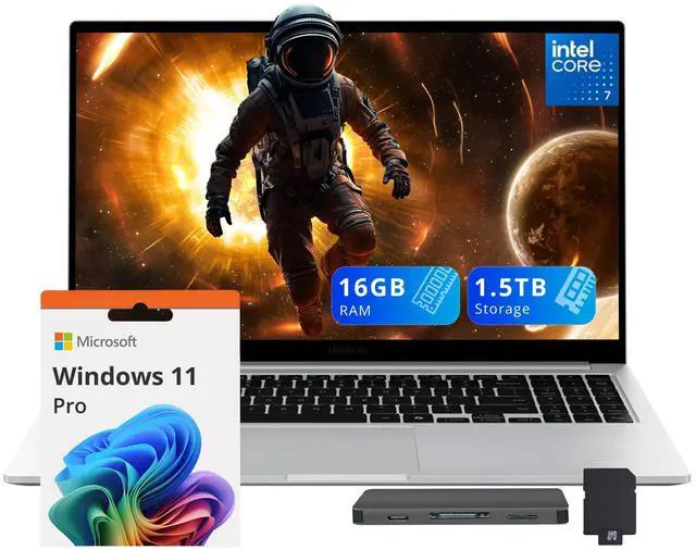 Main image of Samsung Galaxy Book4 15.6" FHD Laptop, Intel Core 7 150U Processor, 16GB LPDDR4X, 1.5TB Storage (512GB SSD+1TB Docking Station Set), Intel Graphics, Backlit Keyboard, Windows 11 Pro, Silver