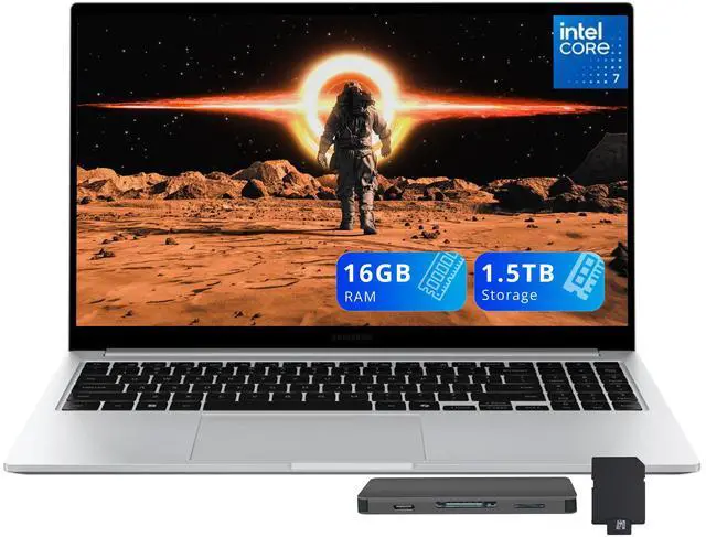 Main image of Samsung Galaxy Book4 15.6" FHD Laptop, Intel Core 7 150U Processor, 16GB LPDDR4X, 1.5TB Storage (512GB SSD+1TB Docking Station Set), Intel Graphics, Backlit Keyboard, Windows 11 Home, Silver