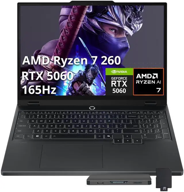Main image of Lenovo Legion 5 15.1" WQXGA 165Hz Gaming Laptop, AMD Ryzen 7 260, 16GB RAM, 512GB SSD, NVIDIA GeForce RTX 5060, Backlit Keyboard, Windows 11 Pro, Black, 1TB Docking Station Set