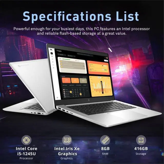 Alt view image 3 of 7 - HP Elite c640 14" FHD IPS Anti-Glare Chromebook Laptop, Intel i5-1245U, 8GB LPDDR4X, 416GB Storage(256GB SSD+160GB Docking Station), Intel Iris Xe Graphics, 5 MP Camera, Chrome OS, Silver