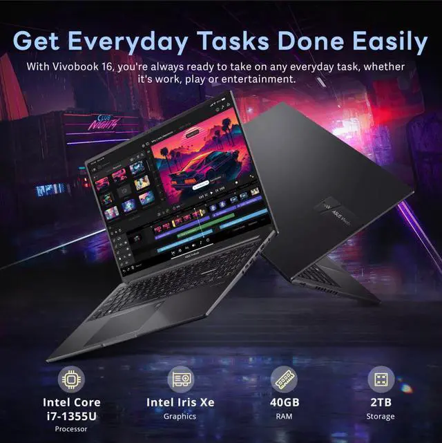 Alt view image 3 of 7 - ASUS Vivobook 16" WUXGA Laptop, Intel Core i7-1355U, 40GB RAM, 2TB Storage(1TB SSD+1TB Docking Station Set), Intel Iris Xe Graphics, Backlit Keyboard, Number Pad, Fingerprint, Win 11, Black