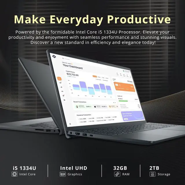 Alt view image 3 of 7 - Dell 15.6'' FHD Touchscreen Laptop, Intel Core i5 1334U, 32GB RAM, 2TB Storage(1TB SSD + 1TB Docking Station Set), Intel UHD Graphics, Numeric Keypad, Windows 11 Home, Carbon Black