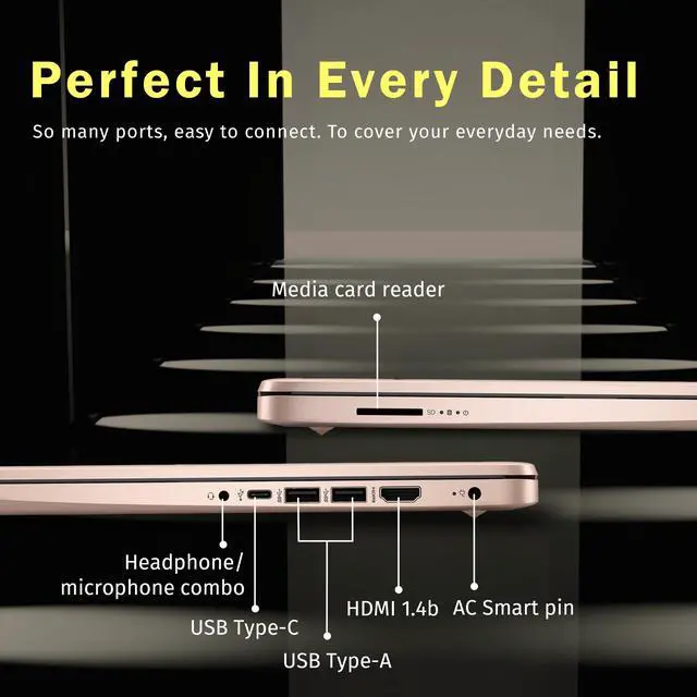 Alt view image 7 of 7 - HP Stream 14" HD Laptop, Intel Processor N150, 4GB RAM, 128GB UFS, Intel Graphics, Webcam, Wi-Fi 6, Long Battery Life, Copilot, Windows 11 S, Gold (Renewed)