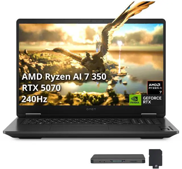 HP Omen 17.3" QHD 240Hz Gaming Laptop, AMD Ryzen AI 7 350, 16GB DDR5, 2TB Storage(1TB SSD+1TB Docking Station Set), GeForce RTX 5070, RGB Backlit Keyboard, Numeric Keypad, Win 11 Pro, Black