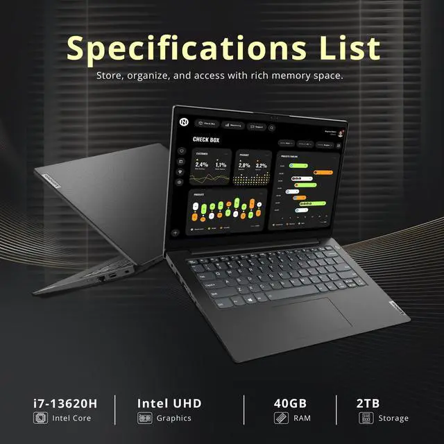 Alt view image 3 of 7 - Lenovo V14 G4 14" FHD Laoptop, Intel Core i7-13620H, 40GB DDR4, 2TB Storage (1TB SSD+1TB Docking Station Set), Intel UHD Graphics, 720p HD Camera, Win 11 Pro, Black