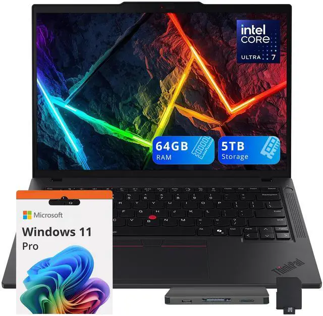 Main image of Lenovo ThinkPad T14 Gen 5 14" WUXGA Laptop, Intel Ultra 7 165U, vPro Technology, 64GB RAM, 5TB Storage(4TB SSD+1TB Docking Station Set), Backlit Keyboard, Win 11 Pro, Black