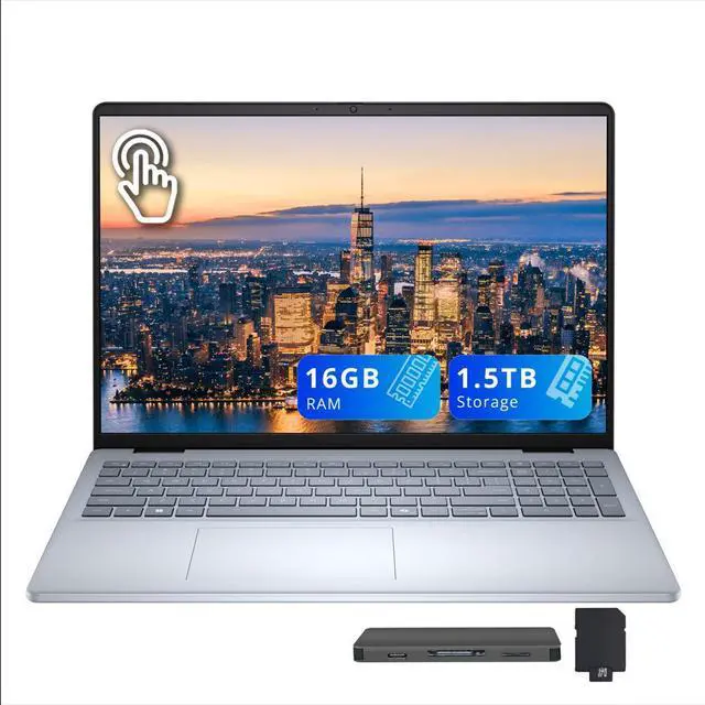 Main image of Dell 16" FHD+ Touchscreen Laptop, Intel Core 7 150U, 16GB RAM, 1.5TB Storage (512GB SSD+1TB Docking Station), Intel UHD Graphics, Backlit Keyboard, Fingerprint Reader, Win 11, Ice Blue