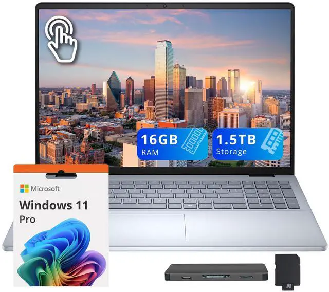 Main image of Dell 16" FHD+ Touchscreen Laptop, Intel Core 7 150U, 16GB RAM, 1.5TB Storage (512GB SSD+1TB Docking Station), Intel UHD Graphics, Backlit Keyboard, Fingerprint Reader, Win 11 Pro, Ice Blue
