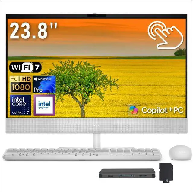 Main image of Dell All-in-One AI Desktop, 23.8" FHD Touchscreen Display, Intel Ultra 7-355, 32GB RAM, 3TB Storage (2TB SSD+1TB Docking Station), Intel Graphics, Wireless Keyboard & Mouse, Win 11 Pro, White