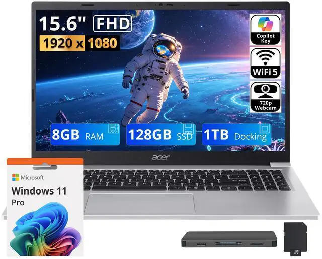 Main image of Acer Aspire Lite 15 15.6" FHD IPS Laptop, Intel Core 3 N350, Intel Graphics, 8GB RAM, 1.12TB Storage(128GB SSD+1TB Docking Station Set), Copilot, Numeric Keypad, 720p Webcam, Win11 Pro, Light Silver