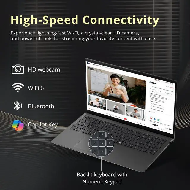 Alt view image 5 of 7 - Dell 15 15.6" FHD Touchscreen Laptop, Intel Core Ultra 7 255U, 16GB DDR5, 1.5TB Storage (512GB SSD+1TB Docking Station Set), Backlit Keyboard, Numeric Keypad, Win 11 Pro, Black
