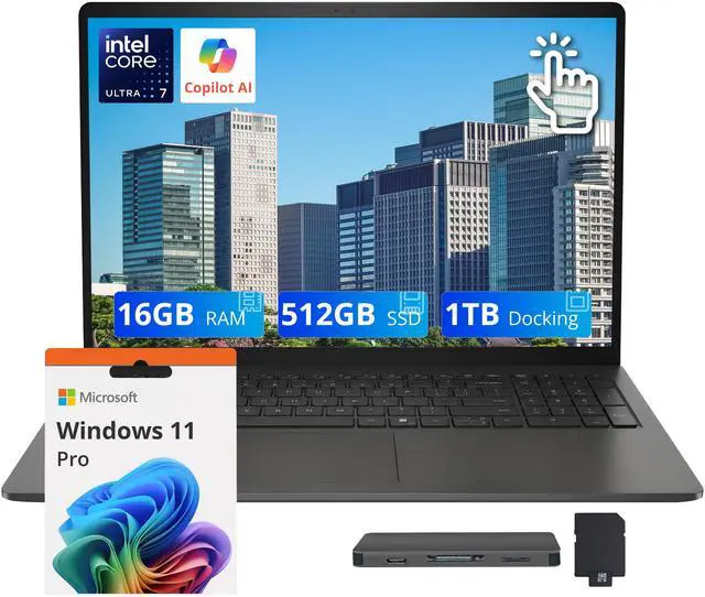 Main image of Dell 15 15.6" FHD Touchscreen Laptop, Intel Core Ultra 7 255U, 16GB DDR5, 1.5TB Storage (512GB SSD+1TB Docking Station Set), Backlit Keyboard, Numeric Keypad, Win 11 Pro, Black