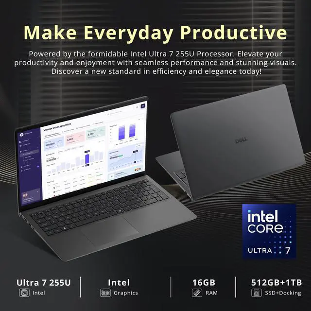 Alt view image 3 of 7 - Dell 15 15.6" FHD Touchscreen Laptop, Intel Core Ultra 7 255U, 16GB DDR5, 1.5TB Storage (512GB SSD+1TB Docking Station Set), Backlit Keyboard, Numeric Keypad, Win 11 Pro, Black