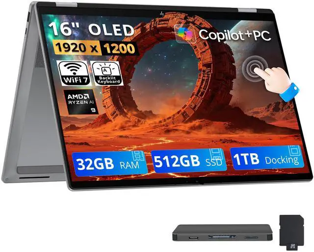 Main image of HP OmniBook X Flip 2-in-1 16" FHD+ OLED Touchscreen Laptop, AMD Ryzen AI 9 465, 32GB LPDDR5X, 1.5TB Storage (512GB SSD+1TB Docking Station), Backlit Keyboard, Copilot+ PC, Wi-Fi 7, Win 11, Silver