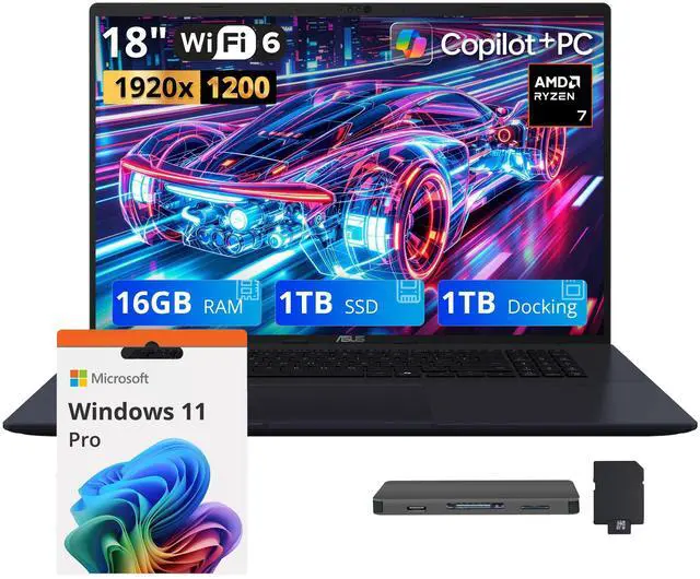 Main image of ASUS Vivobook 18 18" WUXGA 144Hz Business Laptop, AMD Ryzen 7 260, 16GB DDR5, 2TB Storage (1TB SSD+1TB Docking Station), AMD Radeon Graphics, Copilot+ PC, Backlit Keyboard, Win 11 Pro, Blue