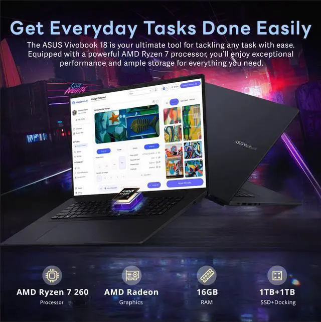 Alt view image 3 of 7 - ASUS Vivobook 18 18" WUXGA 144Hz Business Laptop, AMD Ryzen 7 260, 16GB DDR5, 2TB Storage (1TB SSD+1TB Docking Station), AMD Radeon Graphics, Copilot+ PC, Backlit Keyboard, Win 11, Blue