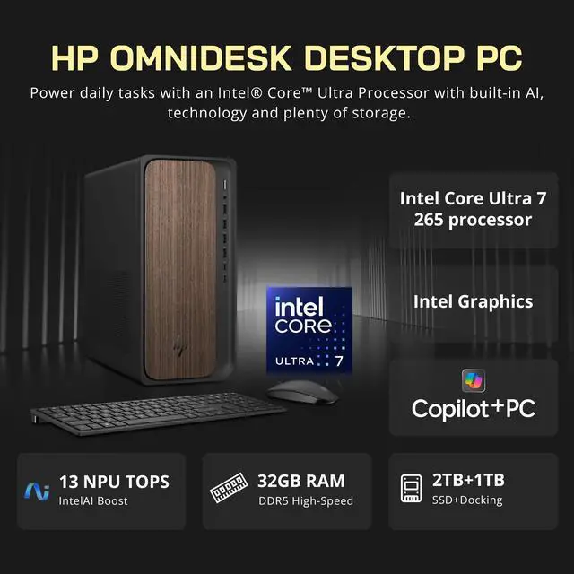 Alt view image 3 of 7 - HP OmniDesk Desktop, Intel Core Ultra 7 265, 32GB DDR5, 3TB Storage (2TB PCle SSD+1TB Docking Station), Intel Graphics, Wireless Keyboard & Mouse, Wi-Fi 6, Bluetooth, Win 11, Dark Wood