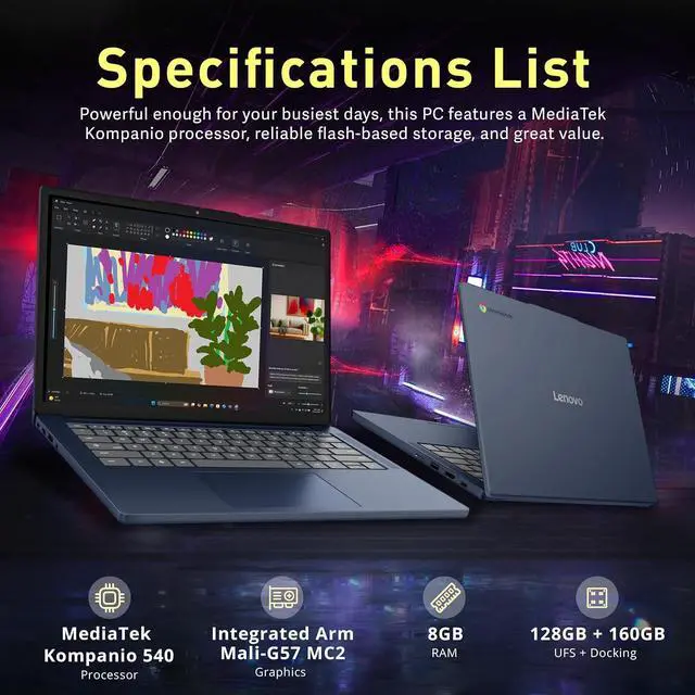 Alt view image 2 of 7 - Lenovo IdeaPad Slim 3 14" 2K Touchscreen Chromebook Laptop, MediaTek Kompanio 540, MediaTek Integrated Graphics, 8GB LPDDR5X, 288GB Storage(128GB UFS+160GB Docking Station), Wi-Fi 6E, Cosmic Blue