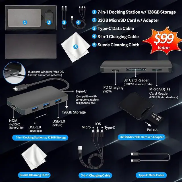 Alt view image 5 of 7 - Lenovo IdeaPad Slim 3 14" 2K Touchscreen Chromebook Laptop, MediaTek Kompanio 540, MediaTek Integrated Graphics, 8GB LPDDR5X, 288GB Storage(128GB UFS+160GB Docking Station), Wi-Fi 6E, Cosmic Blue